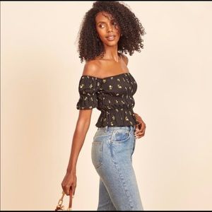 Reformation Briar Off the Shoulder Black Floral Print Cropped Top Sz XS